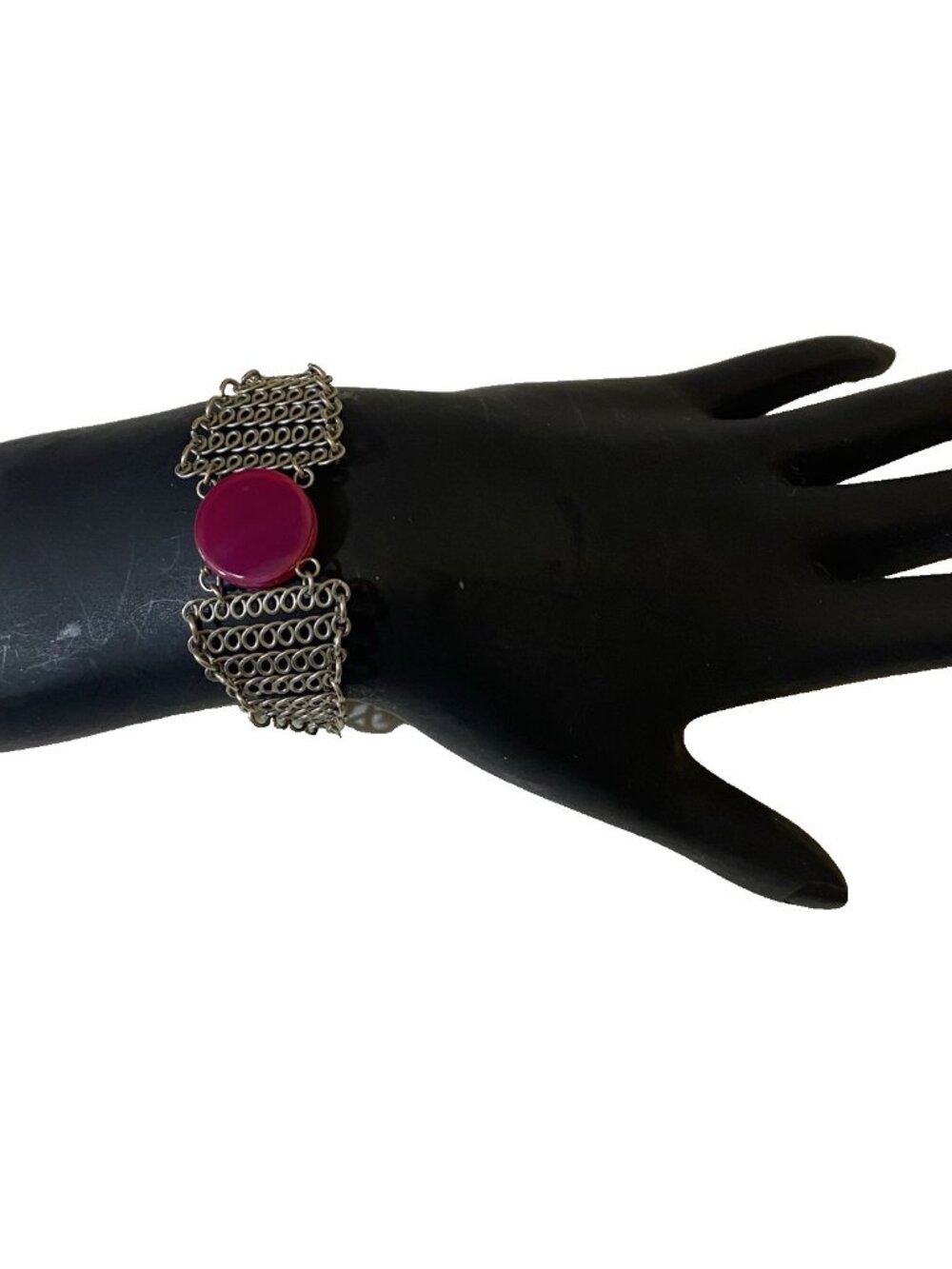 Vintage Style Silvertone Mesh Bracelet Hot Pink Lucite Cabochon Chainmaille